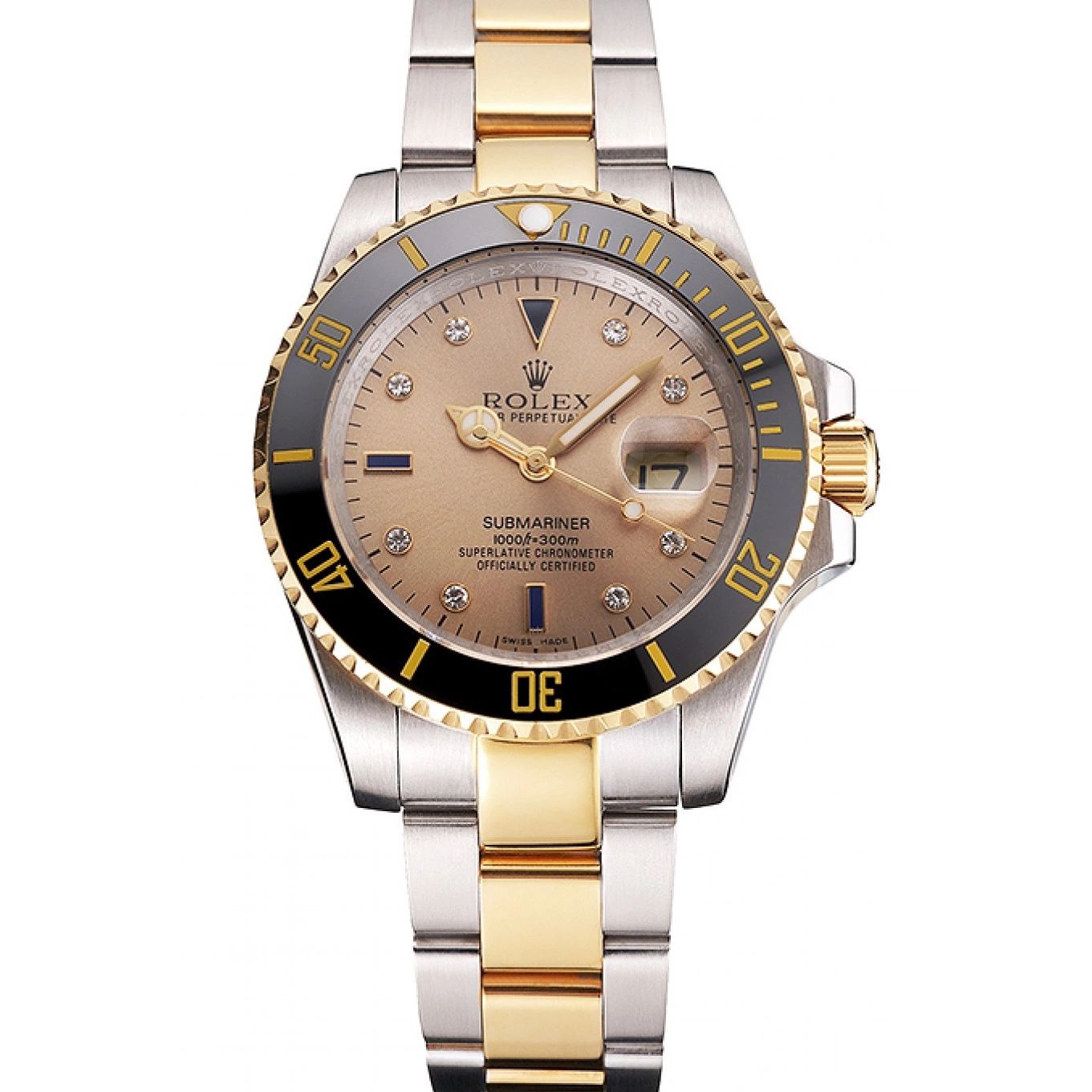 Aaa fake watches Dial Two Bracelet Markings Gold Black Swiss Diamond Gold Steel Submariner Bezel Tone Rolex 0819